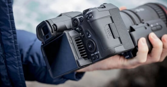 A person holds a modern DSLR camera with a large zoom lens. The camera's LCD screen is flipped out to the side, and various control buttons are visible. The background is blurred, suggesting an outdoor setting.