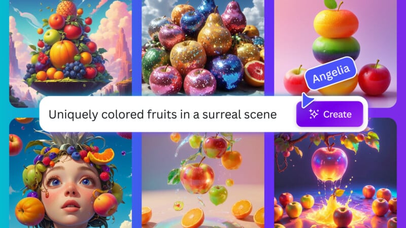 A surreal collage of colorful fruits and whimsical scenes includes vibrant fruit stacks, glittery spheres, and a person with citrus hair. A button labeled "Create" with the name "Angelia" is also present.