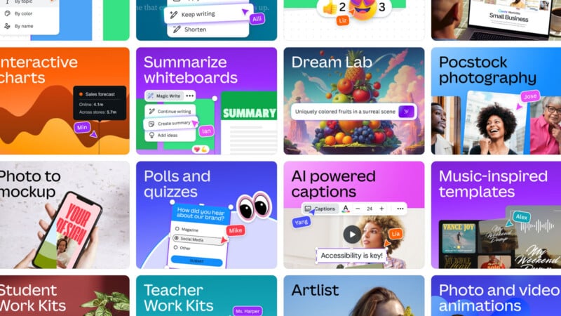 A collage of various colorful app interfaces and features, including interactive charts, summarize whiteboards, AI-powered captions, photography, music-inspired templates, and more, showcasing diverse tools and creative options.