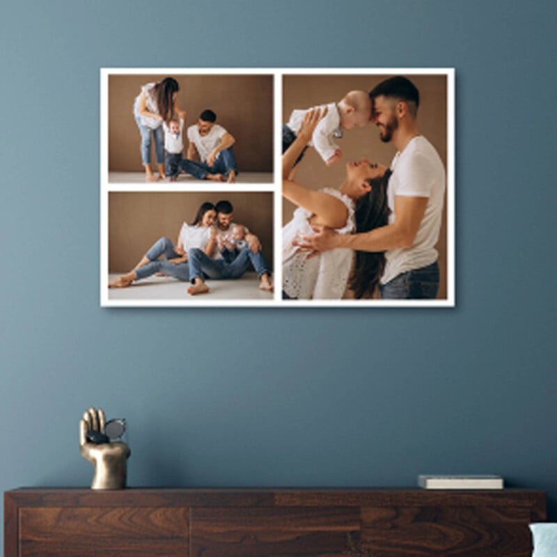 A wall features a photo collage of a family: one image shows parents playing with a toddler, another of parents sitting with the child, and the third of a parent holding the child aloft. Below, a wooden table holds decor, including a gold hand sculpture.