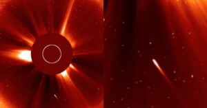 Split image showing a bright comet streaking toward the sun. The left side captures the sun with flaring rays and a dark circle in the center, while the right side focuses on the comet with a glowing white tail against a dark red background.