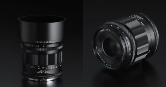 The image shows two camera lenses in a side-by-side comparison. The left lens is standing upright with markings and "Voigtlander" branding visible. The right lens is tilted on its side, displaying detailed specifications and a 35mm F2.1 label. Both are set against a dark background.