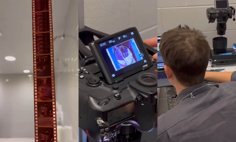 A triptych showing film negatives, a camera's digital screen with an image, and a person operating a film scanning setup. The scenes illustrate the process of digitizing film photographs.