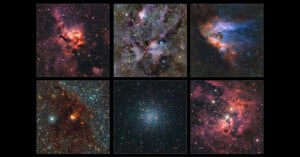 Six panels show different colorful regions of space, including nebulae and star clusters. Each panel displays vibrant colors and intricate patterns of stars, gas, and dust, highlighting the beauty and complexity of the universe.