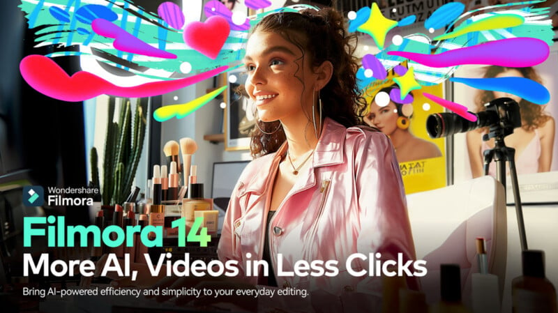 A person in a colorful, creative setting with digital art elements around them. They're smiling, seated in front of a vanity with makeup items, promoting Wondershare Filmora 14 with the text "More AI, Videos in Less Clicks.