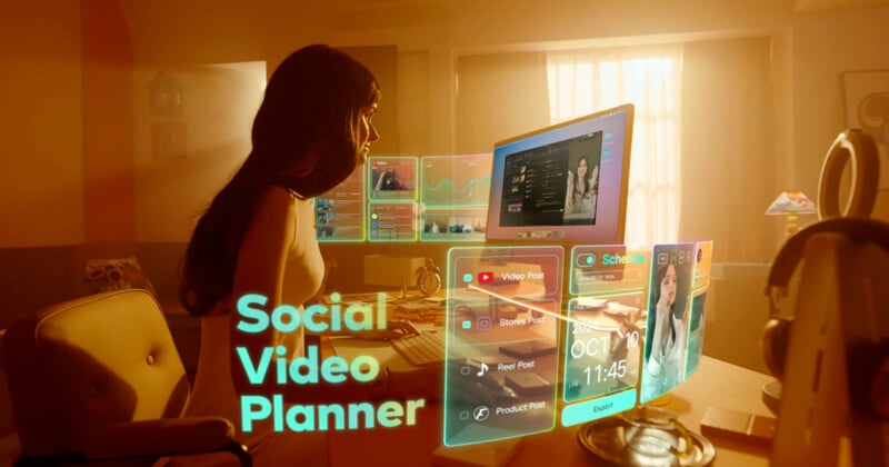 A woman in a warm, softly lit room uses a computer displaying virtual screens with video editing and planning tools. Bright holographic overlays show a calendar and social media options. Text reads "Social Video Planner.