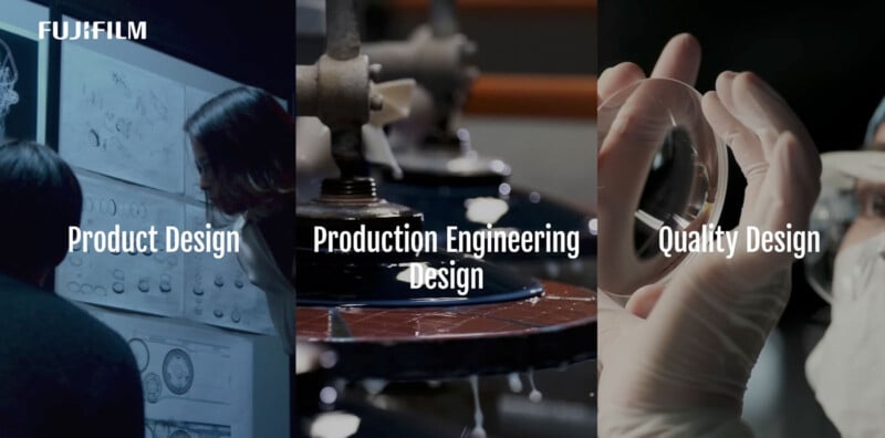 A collage showing product design with a person examining charts, production engineering design with a close-up of machinery, and quality design with gloved hands holding a lens. Text: "Product Design," "Production Engineering Design," "Quality Design.