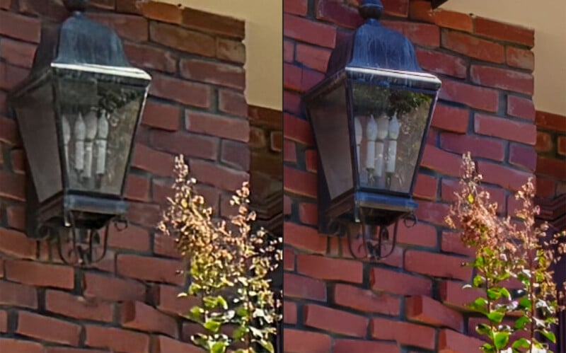 Side-by-side comparison of an outdoor lantern mounted on a red brick wall. On the left, the image is darker and less vibrant, while the right side shows a brighter, more colorful version.