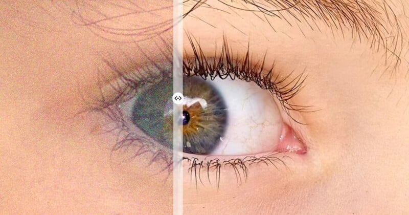 Close-up of an eye showing a before-and-after comparison. The left side appears grainy and blurred, while the right side is sharp and detailed, highlighting the eyelashes and iris.