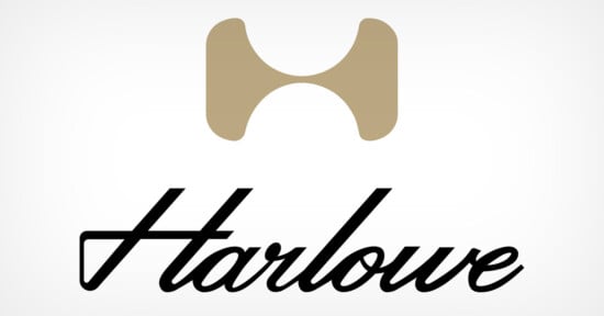 Gold abstract "H" symbol above the black cursive text "Harlowe" on a white background.