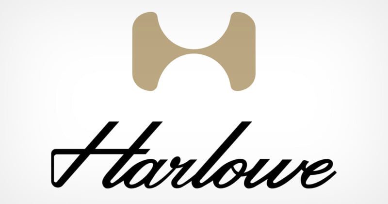 Gold abstract "H" symbol above the black cursive text "Harlowe" on a white background.