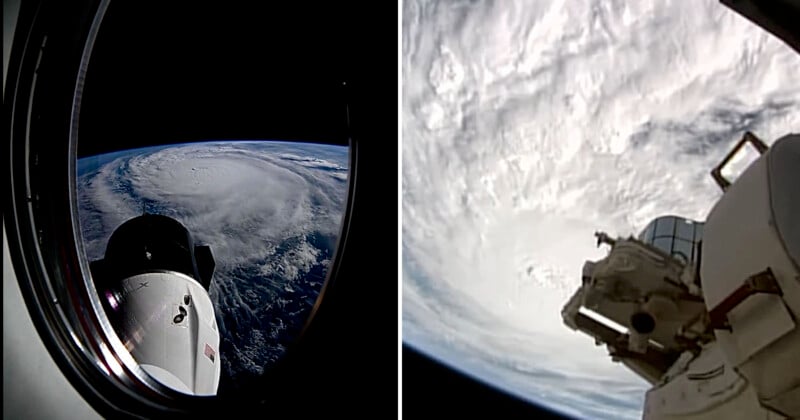 Split image: Left shows a spacecraft window view of Earth with swirling cloud patterns over the ocean indicating a storm. Right shows a spacecraft tethered to a space station, with Earth’s surface and cloud formations visible in the background.