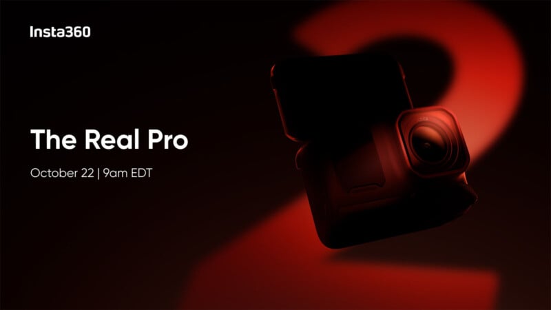 A dark promotional image featuring a camera with dramatic red lighting, a large red numeral "2", and text stating "The Real Pro," along with the date "October 22 | 9am EDT" in the left section. Branding shows "Insta360" at the top left.