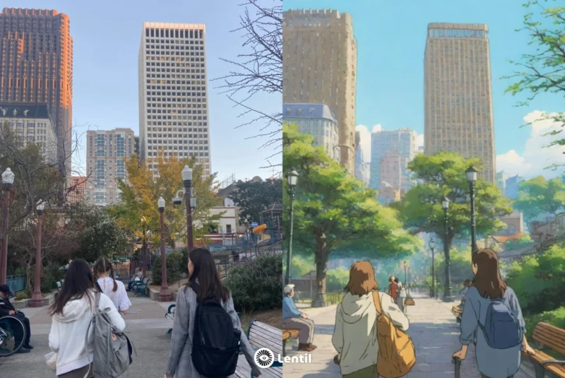 A split image comparison shows two scenes of people walking in an urban park. The left side is a real-life photo with tall buildings and people, and the right side is an animated version with similar buildings and characters.