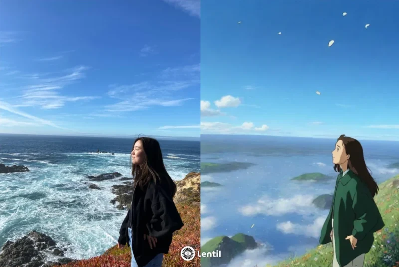 A woman stands beside an ocean view, her face turned upward, on a bright day. Beside her, an anime-style illustration shows a similar scene with a character gazing at the sea and sky, with petals floating in the air.