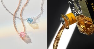 Two images side by side: The left image shows two necklaces with pink and blue gemstones on silver and rose gold chains against a light background. The right image shows golden liquid pouring from a bottle labeled "Añejo" in bold letters against a dark background.