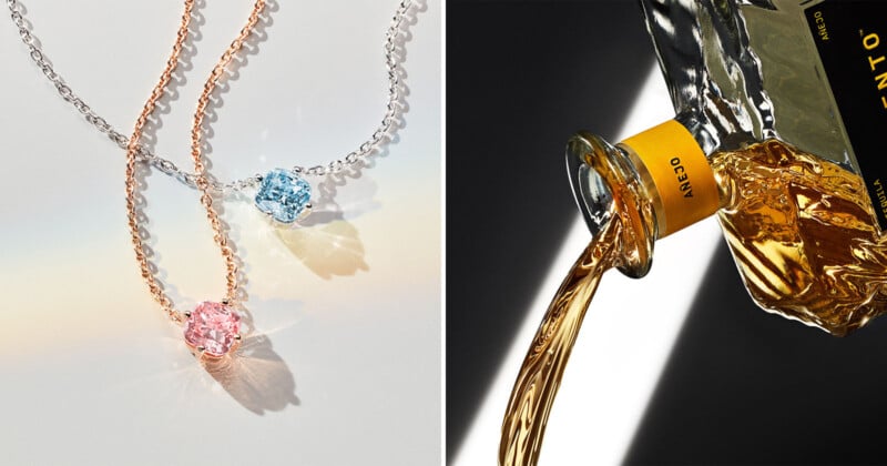 Two images side by side: The left image shows two necklaces with pink and blue gemstones on silver and rose gold chains against a light background. The right image shows golden liquid pouring from a bottle labeled "Añejo" in bold letters against a dark background.