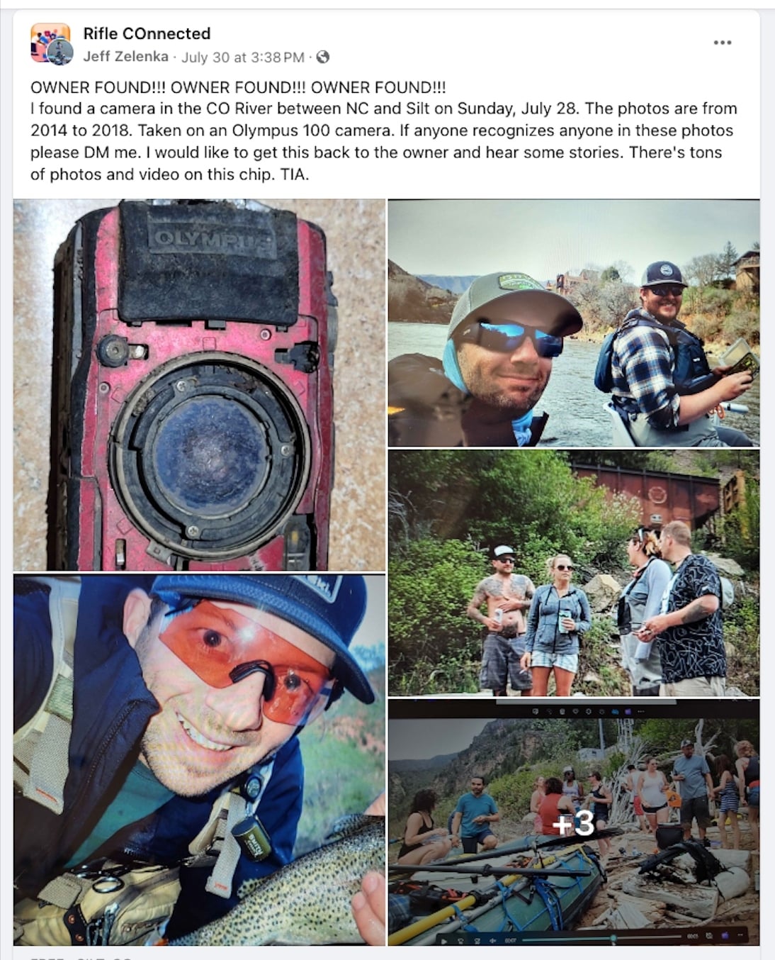 A Facebook post by Rifle CO Connected showing a collage. It includes people fishing, hiking, and a camera with a missing lens cap. Text explains a found camera with photos from the Colorado River. The person seeks the camera’s owner.