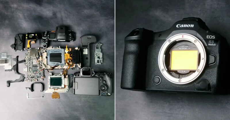 Left: A disassembled camera with various components spread out on a dark surface. Right: An intact Canon EOS R5 camera body with a visible sensor.