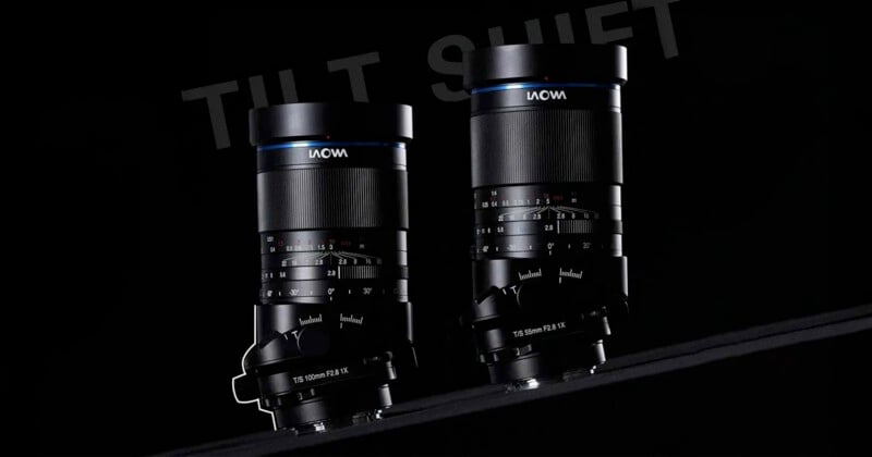 Two black Laowa camera lenses are displayed against a dark background with the text "TILT SHIFT" partially visible. The lenses have a sleek design with numeric markings, showcasing their technical features.