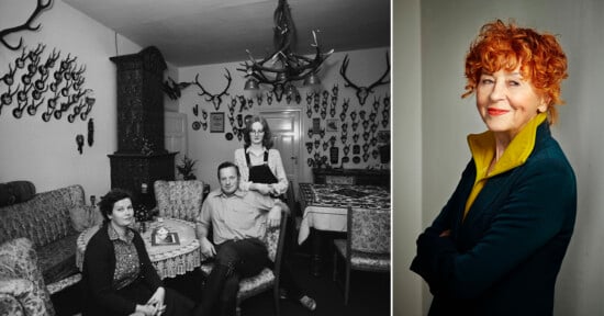 Left side: A vintage black-and-white photo of three people sitting and standing in a room filled with mounted antlers. Right side: A color portrait of a person with curly red hair, wearing a green jacket, smiling with arms crossed.