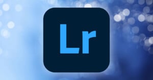 The image shows the Adobe Lightroom logo, with the letters "Lr" in light blue on a dark blue square background. The backdrop features a soft bokeh effect with various shades of blue and white lights.