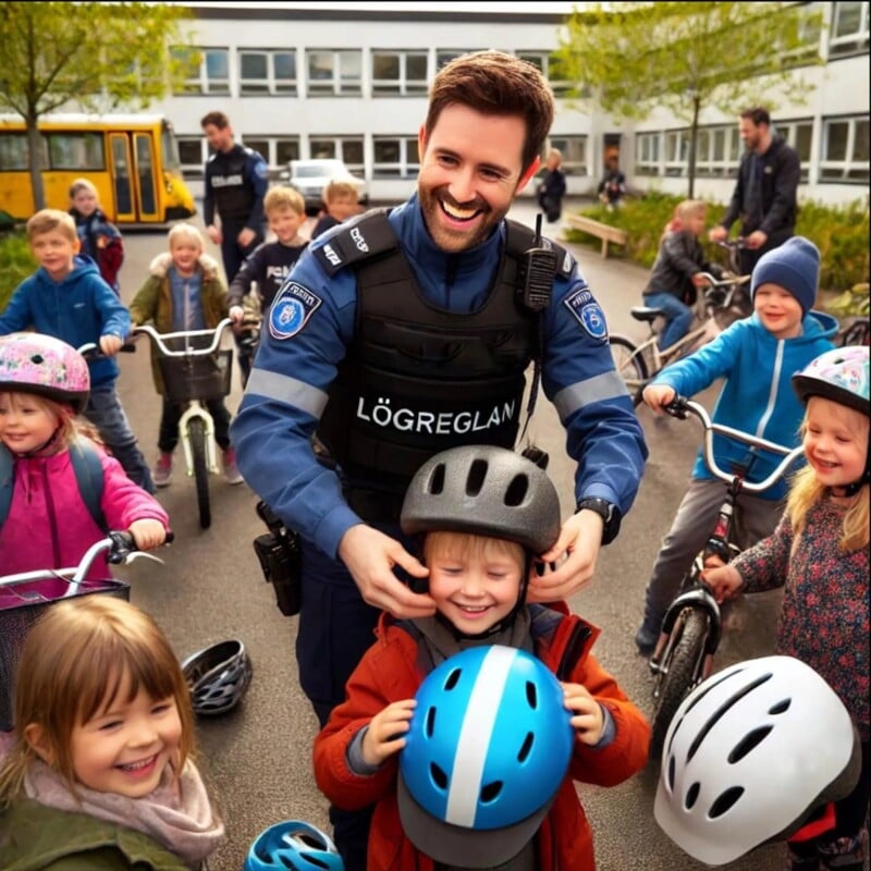 A smiling policeman helps a young child adjust a helmet among a group of children on bicycles. The kids, wearing colorful helmets, are gathered in a school playground. Other officers and kids are in the background near a yellow school bus.