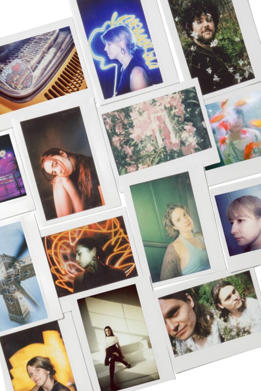 A collage of various Polaroid photos featuring people, flowers, bright neon lights, and eclectic backgrounds. Some images are portraits, while others showcase artistic and colorful scenes.