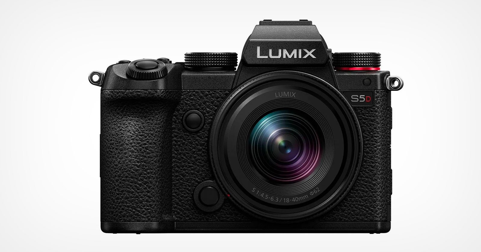 A black Lumix S5 camera with a prominent lens facing forward, showcasing intricate details and a textured grip. The camera features various controls and buttons, suitable for professional photography.