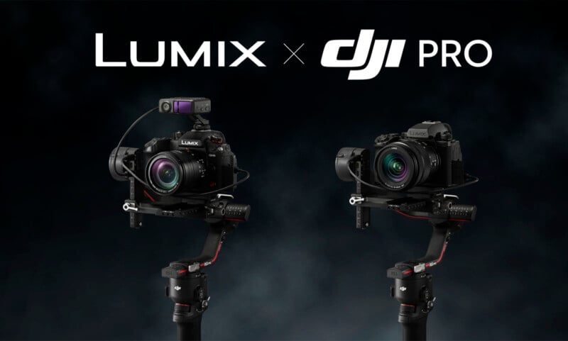 Two Lumix cameras mounted on DJI Pro gimbals against a dark, smoky background. Logos for Lumix and DJI Pro are visible at the top.