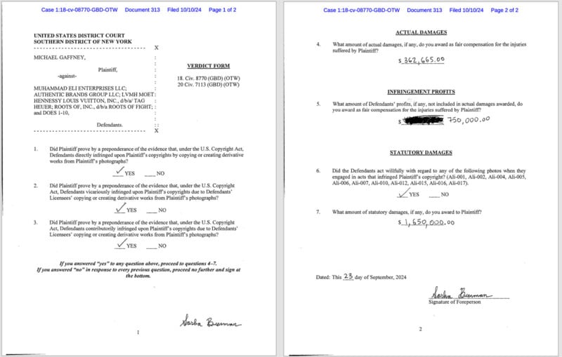 Image of a court verdict form from the United States District Court, Southern District of New York. It details the case, involved parties, decisions on actual and statutory damages, and is signed by the jury foreperson.