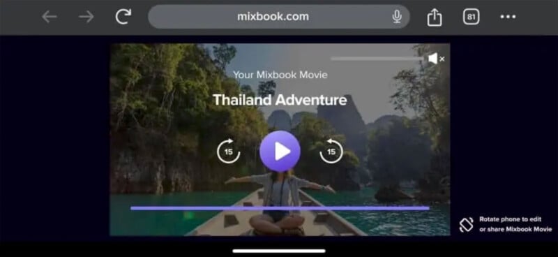 A video title screen from Mixbook Movie displays "Thailand Adventure." It features a person sitting at the front of a boat, arms outstretched, surrounded by water and lush green cliffs. There are video controls and a purple play button in the center.