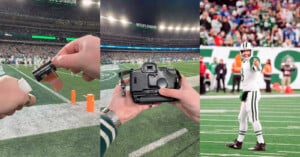 A three-panel image sequence: 1) A roll of film is opened. 2) A film camera is held, aimed towards a vibrant, crowded football stadium. 3) A football player in green and white gestures and smiles on the field.