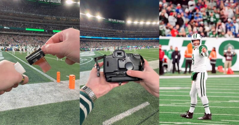  1) A roll of film is opened. 2) A film camera is held, aimed towards a vibrant, crowded football stadium. 3) A football player in green and white gestures and smiles on the field.