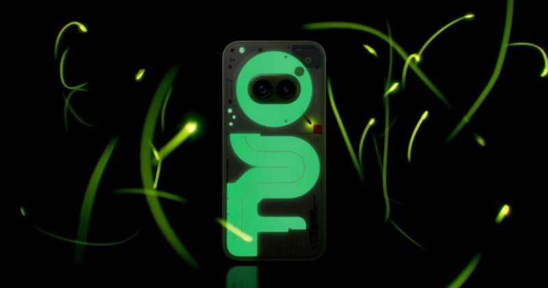 A smartphone with a glowing, abstract design on its back, featuring two rear cameras. It is surrounded by swirling, illuminated green lines, set against a dark background, creating a futuristic and dynamic visual effect.