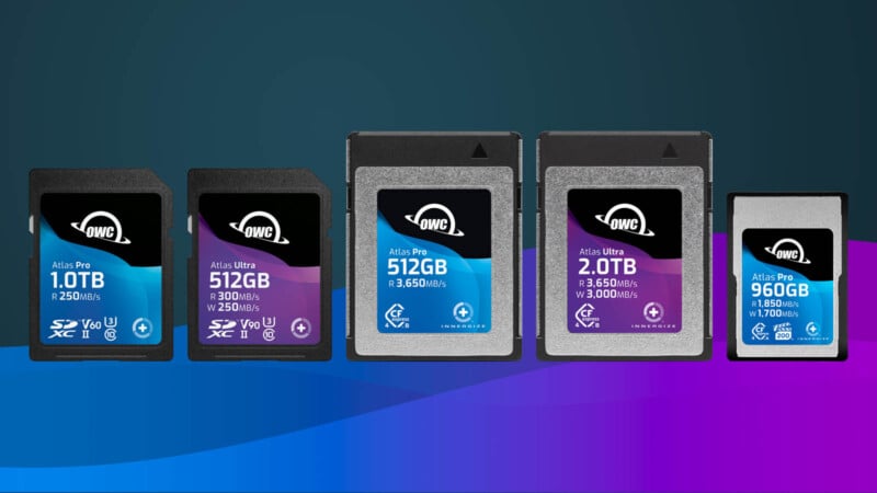 Image of various OWC storage cards displayed against a gradient blue and purple background. The lineup includes 1.0TB and 512GB SD cards, and 512GB, 2.0TB, and 960GB CFexpress cards with read speeds ranging from 250MB/s to 1700MB/s.