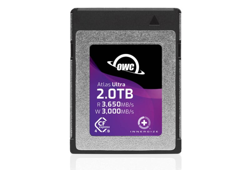 A silver and black OWC Atlas Ultra 2.0TB CFexpress memory card is displayed. It features a read speed of 3,650 MB/s and a write speed of 3,000 MB/s. The card is designed for high-performance data storage.