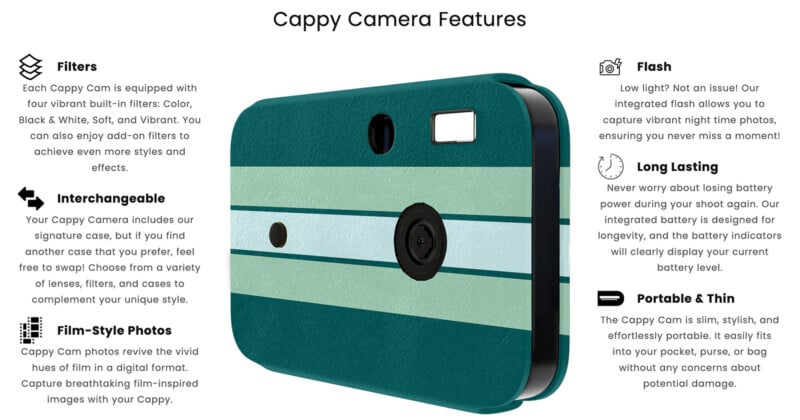 An illustrated ad for a "Cappy Camera" showing a compact, vintage-style camera with stripes. Features include filters, interchangeable covers, film-style photos, a flash, long-lasting battery, and portability.