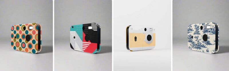 Image of four colorful retro-style cameras with various designs: polka dots, geometric shapes, a minimalist beige with white, and a blue floral pattern. Each is positioned against a neutral background.