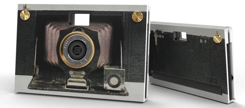 A vintage-style camera with gold accents is featured in close-up. The camera has a black and gray body with a visible lens and a textured design. It is displayed from two angles, highlighting the front and back.