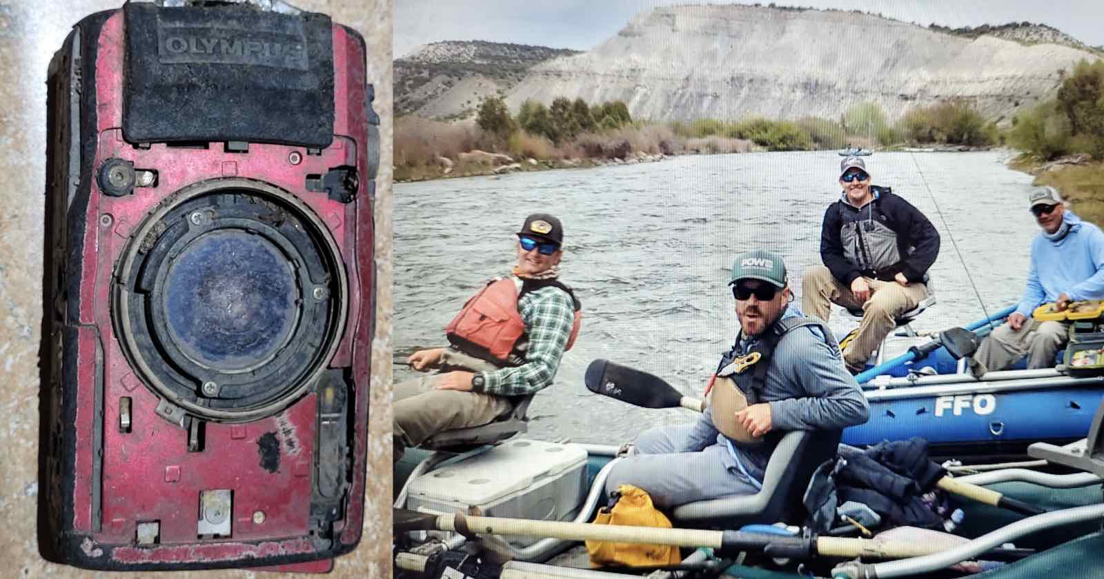 A damaged red Olympus camera with mud on it is shown on the left. On the right, four men in casual fishing gear are smiling while seated in a raft on a river, with a rocky landscape and trees in the background.