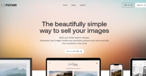 Screenshot of a website homepage featuring Picfair, a platform for selling images. The background has a gradient sunset sky. The text promotes building a store to protect and sell images, with a "Try it for free" button and various devices displaying images.