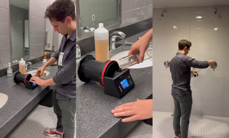  sealing the tank, mixing chemicals, and rinsing film under a showerhead in a tiled bathroom.