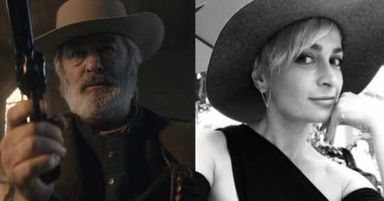 Split image: On the left, a man with a beard wearing a cowboy hat holds a gun. On the right, a black and white photo of a woman with a short hairstyle wearing a wide-brimmed hat and smiling slightly.