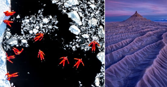 Left: Eight people in bright orange suits float among large ice chunks in dark, icy water. Right: Landscape view of a rugged, barren, and textured terrain under a purple sky with distant mountains.