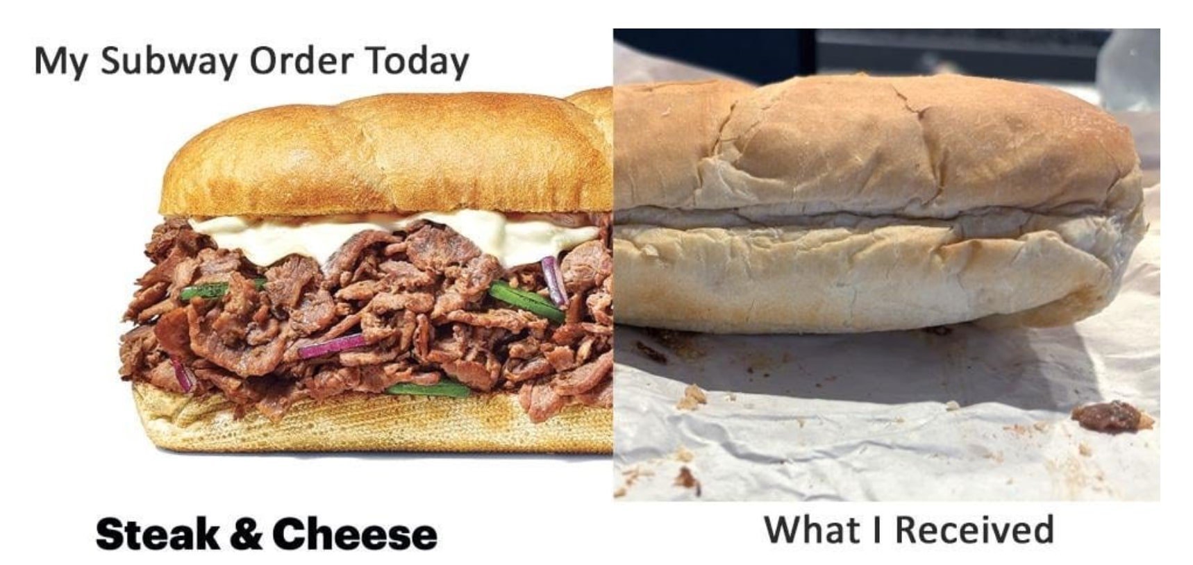 A comparison image showing a Subway steak and cheese sandwich on the left, looking full with meat and toppings, and on the right, a sparse, plain sandwich labeled "What I Received," with noticeably fewer toppings and filling.