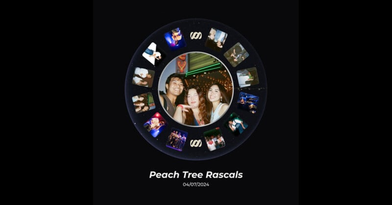 A circular montage featuring various candid photos of people smiling and having fun, centered around a picture of three individuals posing together. The text at the bottom reads, "Peach Tree Rascals 04/01/2024.