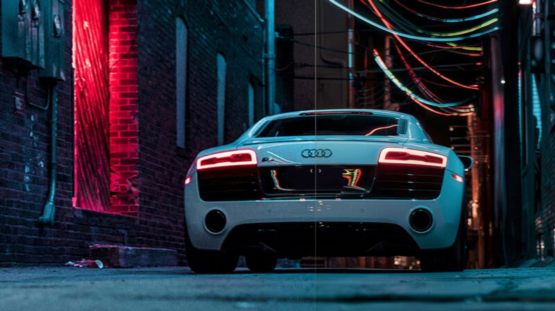 A sleek white sports car with illuminated taillights is parked in a dimly lit urban alleyway. Neon lights cast colorful reflections on the brick walls, creating a futuristic ambiance.