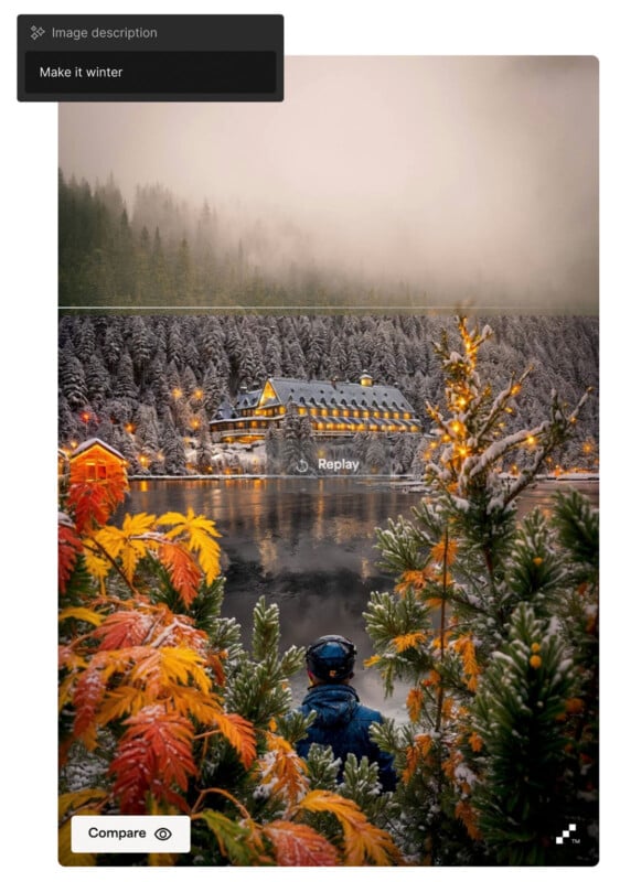 A scenic view of a snowy mountainside with a lodge, surrounded by a lake. Evergreen trees dusted with snow and vibrant orange and yellow foliage frame the foreground, while misty clouds hover above the forest in the background.