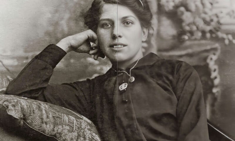 A vintage photograph split between a black-and-white and a restored sepia tone. It depicts a woman with her head resting on her hand, dressed in early 20th-century attire, with a backdrop of ornate patterns.